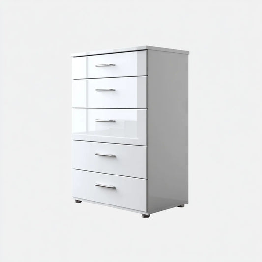 Komoda, Wygoda 5 białych szuflady błyszczące prostokątne w panelach MDF 60 x 40 x 110 cm