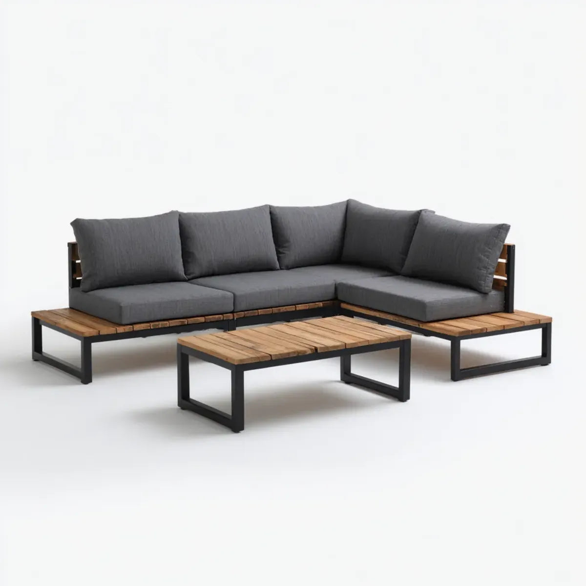 Sofa ogrodowa, Zestaw narożnej sofy ogrodowej z szarym stołem antracytu ze stali i litego drewna 220 x 220 cm
