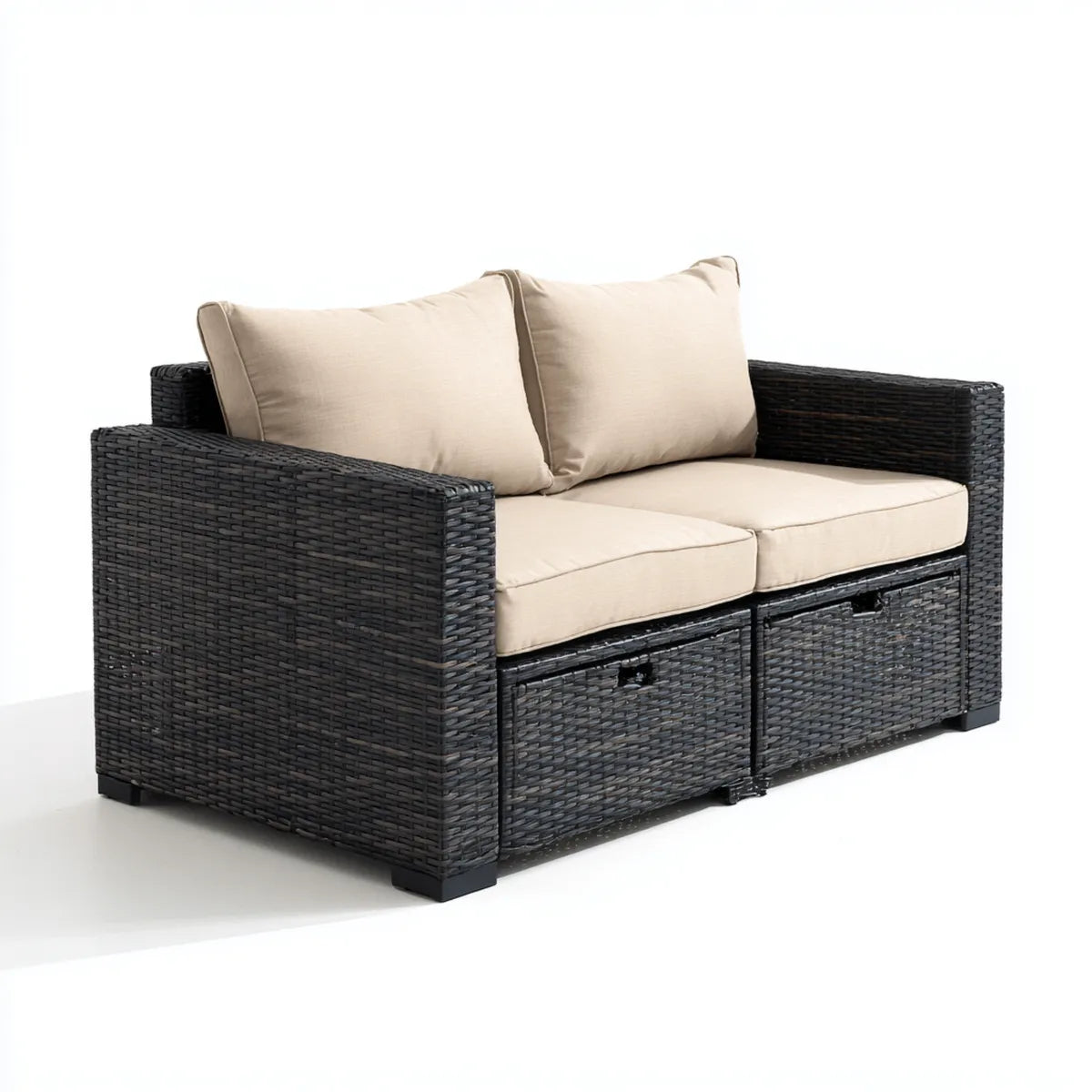 Sofa ogrodowa, Tapczan ogrodowy 2 ratan czarny i beżowy PE z poduszkami prostokątnymi 132 x 70 x 78 cm
