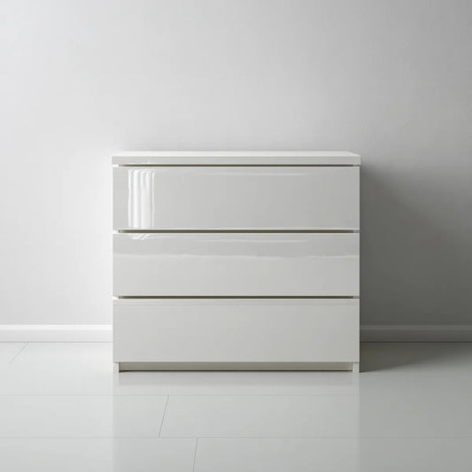 Komoda, 3 szuflada biały połysk 80 x 40 x 75 cm w prostokątnej płycie wiórowej